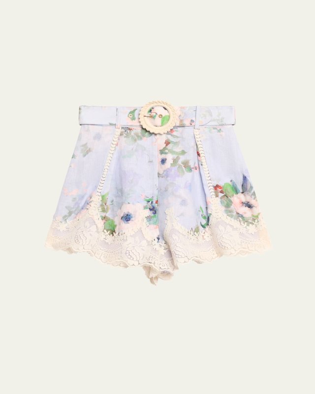 Everley Floral Lace Trim Belted Tuck Shorts
